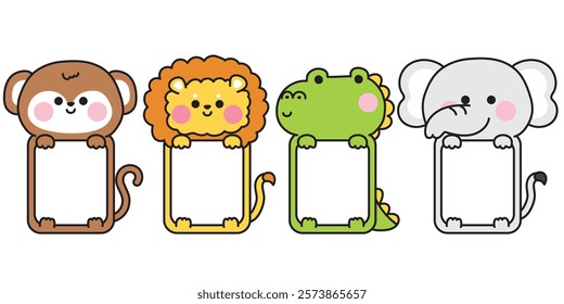 No 4.Set of cute animal hold frames.The message box is empty for text and baby photo.Monkey,lion,crocodile,elephant.Cartoon character design.Kawaii.Vector.Illustration.