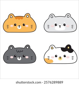 No 4.Set of cute cats head with smile face.Meow.Kitten.Animal cartoon character.Kawaii.Vector.Illustration. 