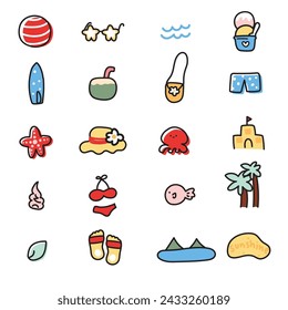 No 4.Set of cute icon summer concept in line hand drawn style.Cartoon design collection.Under the water animal.Sea and beach.Trip.Swim.Kawaii.Vector.Illustration.