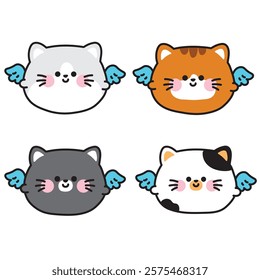 No 4.Set of cute round shape cats have wing.Angle.Meow.Pet animal fly on white background.Cartoon character.Kawaii.Vector.Illustration.