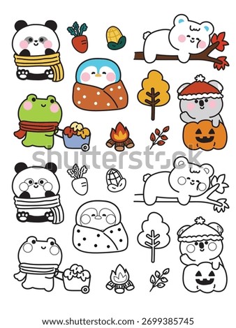 No 5.Coloring pages.Set of cute animals in autumn fall concept.Cartoon wild bird and reptile animal character.Red leaf,pumpkin,corn,fire camp hand drawn.Panda bear,koala,frog,penguin.Kawaii.Vector.