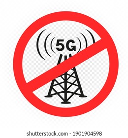 No 5g prohibition sign symbol isolated on white background. Modern comunication sign symbol ban. Stop wireless wave signal