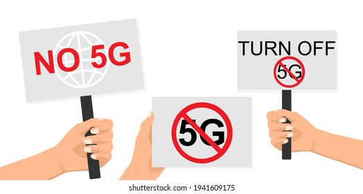 No 5g. Stop, turn off the 5G. Hand holding protest poster. Freedom, protest.Concept revolution and demonstration.Vector illustration in flat style isolated on white background for Web banner or poster