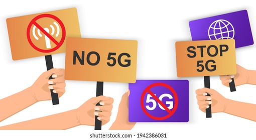 No 5g. Stop, turn off the 5G. Hand holding protest poster. Freedom, protest.Concept revolution and demonstration.Vector illustration in flat style isolated on white background for Web banner or poster