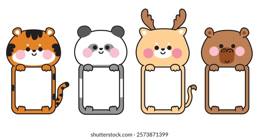 No 6.Set of cute animal hold frames.The message box is empty for text and baby photo.Tiger,panda bear,deer,capybara.Cartoon character design.Kawaii.Vector.Illustration.