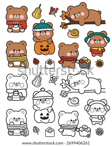 No 6.Coloring pages.Set of cute teddy bear in autumn fall concept.Cartoon wild animal character.Red leaf,pumpkin,acorn,snail hand drawn.Painting book.Kawaii.Vector.Illustration.