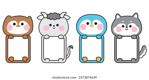 No 7.Set of cute animal hold frames.The message box is empty for text and baby photo.Owl,goat,penguin,siberian husky.Cartoon character design.Kawaii.Vector.Illustration.