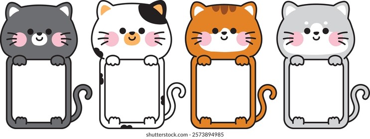 No 8.Set of cute cat hold frames.The message box is empty for text and baby photo.Cartoon animal character design.Meow.Kawaii.Vector.Illustration.