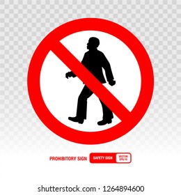 No access for pedestrians sign. Vector illustration. Black pictogram on white background, red edging and diagonal line. Round shape.