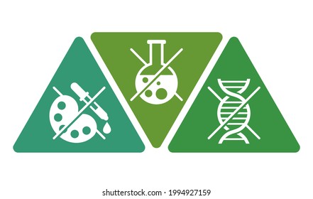 No added preservatives, no additives, artificial flavours and GMO free sticker - crossed palette, eyedropper and DNA chain - vector icons