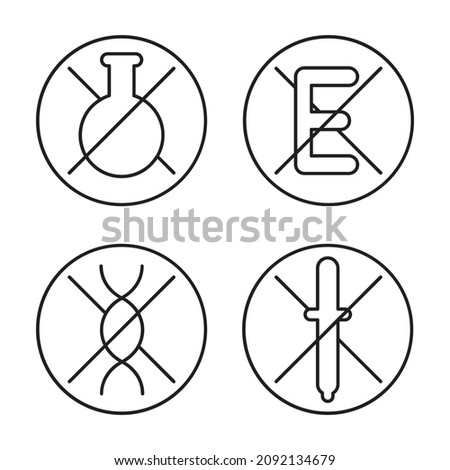 No added preservatives, no additives, artificial flavours, E number and GMO free set icons in thin line - strikethrough flask and E letter - organic food stickers - vector icons set 4 in 1. Vector