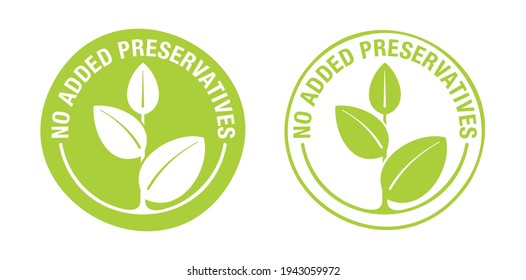 No Added Preservatives flat stamp for healthy natural food products composition labels - vector isolated pictogram in 2 variations with outline plant leaf. Vector illustration