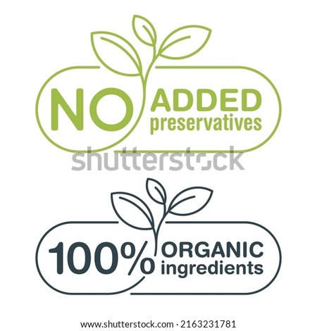 No Added Preservatives thin horizontal badge with check mark. Healthy natural food products composition labels