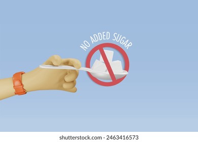 No added sugar, eat less sugar concept. Hand holding sugar cubes with stop sign. Eat less sweet, sugar free for health. 3D cute cartoon character.	