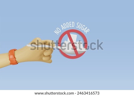 No added sugar, eat less sugar concept. Hand holding sugar cubes with stop sign. Eat less sweet, sugar free for health. 3D cute cartoon character.	