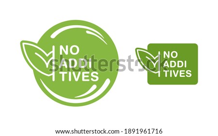No additives flat sign for healthy natural food products composition labels - vector isolated pictogram in 2 variations with outline plant leaf. Vector illustration