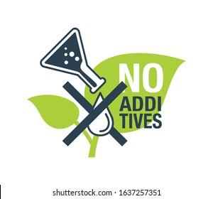 No additives sign - crossed out drop of harmful preservatives with green eco plant on background - isolated vector icon for healthy food and cosmetics products packaging 