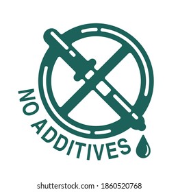 No additives sign - crossed out eyedropper with harmful E-numbered preservatives liquid inside - isolated vector icon for healthy food and cosmetics products packaging 