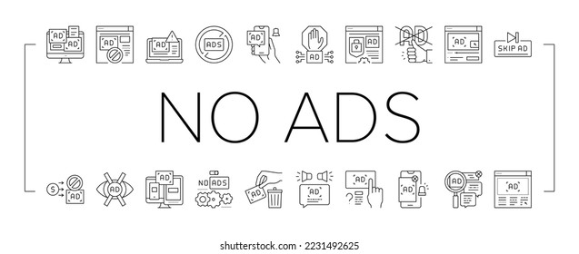 No Ads Advertise Free Collection Icons Set Vector. Skip Ad Button And Blocking Application, No Ads On Computer Screen And Smartphone Display Black Contour Illustrations