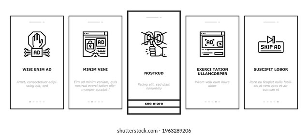 No Ads Advertise Free Onboarding Mobile App Page Screen Vector. Skip Ad Button And Blocking Application, No Ads On Computer Screen And Smartphone Display Illustrations