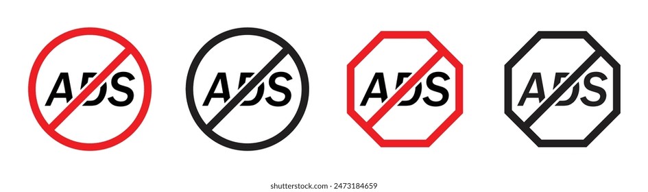 No ads. Ads blocker icon set with different color. Ad blocker symbol. Skip ads, free, advertisement, use for apps, red, black and blue crossed circle.