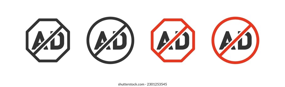 No ads, forbidden icon on light background. Ad blocker symbol. Skip ads, free, advertisement, use for apps, red crossed circle. Flat and colored style. Flat design. 