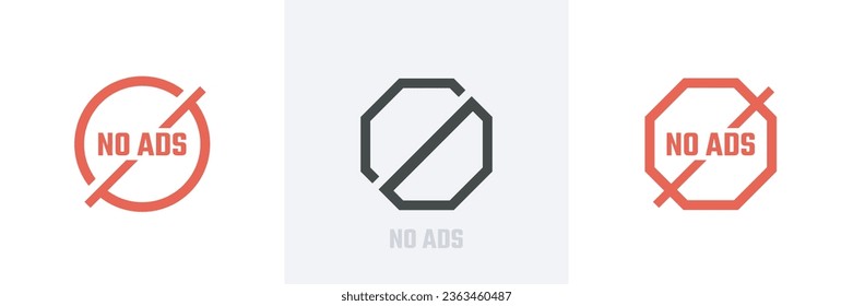 No hay icono de anuncios de 3 tipos de icono plano o vector aislado Sin símbolo de signo de anuncios.Omitir anuncios,círculo cruzado rojo. Símbolo de bloqueo de anuncios para aplicaciones y sitios web.Ilustración vectorial.