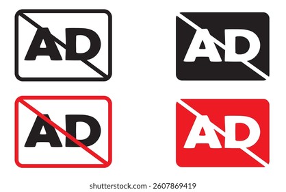 No Ads icon set.Advertisement sign collection in black and red colors. Vector illustration.