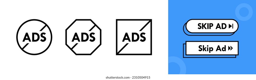 No ads label and skip ads button set. Design concept for ad blocking and digital security. Vector illustration.