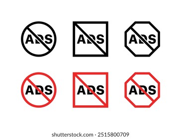 No ads set icons. Prohibitory sign icons. Flat and silhouette style. Vector icons.