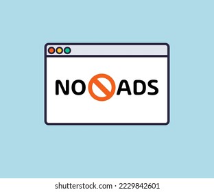 No hay señal de anuncios. Publicidad prohibida de inicio de sesión en el diseño del logotipo de la ventana del navegador web. Signo Adblock, icono de anuncio prohibido, eliminar publicidad, signo de anuncios en bloque para diseño vectorial de sitios web e ilustración.