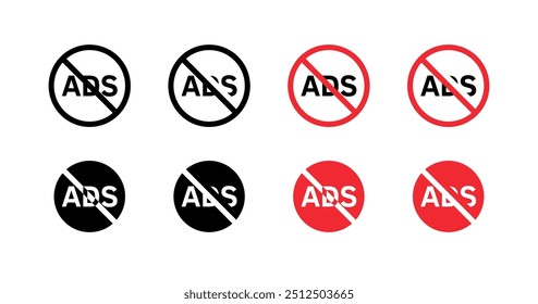 No ads sign set icons. Linear, silhouette and flat style. Vector icons.