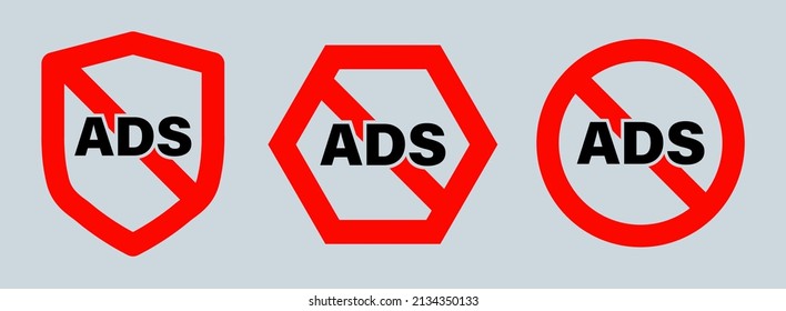 No Ads Symbol Collection. Ad Blocking Red Line Icon. Red Crossed Round Button.