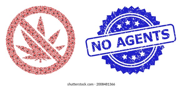 Keine Agenten unklare Briefmarke und Vektorfraktalmosaik verboten Cannabis. Blue Stempel enthält No Agents Tag in Rosette. Vektormosaik wird mit wiederholten rotierten verbotenen Cannabis-Symbolen hergestellt.