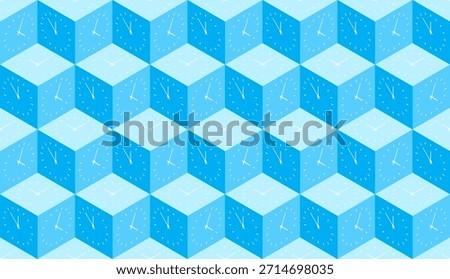 NO AI GEN. Horizontal blue geometric space with cubes and clock dials with hands showing different times in different time zones backdrop. Vector background top view at an angle