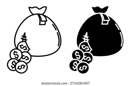 NO AI GEN. Linear icon. Money is pouring out of a leaky old bag. Simple vector isolated on white background