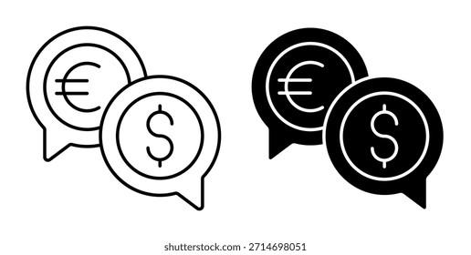 SEM GEN AI. Ícone linear. Bolhas de discurso com símbolos das principais moedas dólar e euro. Acordo cambial. Vetor simples isolado em fundo branco