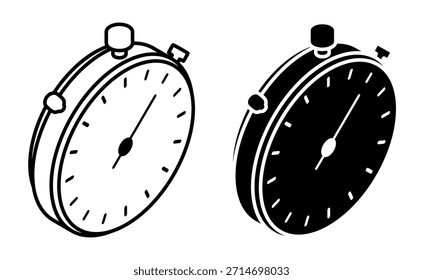 NO AI GEN. Linear isometric icon. Sports stopwatch with mechanical buttons and a second hand on dial. Simple vector isolated on white background
