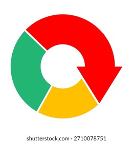 NO AI GEN. Multi colored ring shaped pie diagram with red arrow of downward trend chart points downwards. Simple flat vector isolated on white background