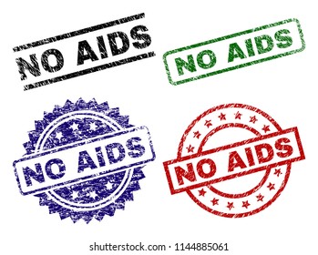 NO AIDS seal prints with damaged texture. Black, green,red,blue vector rubber prints of NO AIDS text with dirty texture. Rubber seals with round, rectangle, rosette shapes.