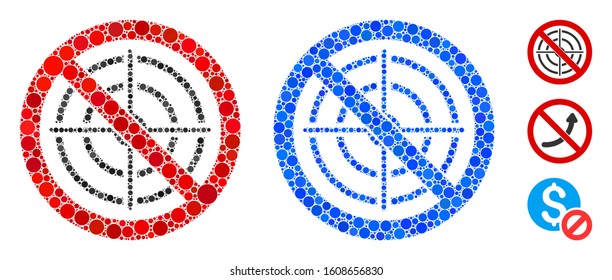 No aim mosaic of spheric dots in various sizes and color hues, based on no aim icon. Vector dots are composed into blue mosaic. Dotted no aim icon in usual and blue versions.