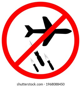 Ningún ícono de bomba de aire. Vector deja de bombardear un clíposito con un avión y bombas. Icono de alto al bombardeo de guerra.