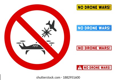 No Air Drone Strike sign with titles in rectangle frames. Illustration style is a flat iconic symbol inside red crossed circle on a white background. Simple No Air Drone Strike vector sign,