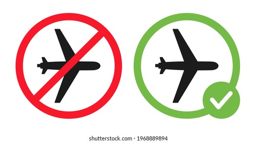 No aircraft and plane allowed vector flat illustration isolated on white background. Plane in crossed out red circle and in green circle. No fly, flight ban icon design. All travel flights prohibited.