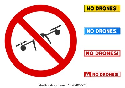 No Airdrone sign with words in rectangular frames. Illustration style is a flat iconic symbol inside red crossed circle on a white background. Simple No Airdrone vector sign, designed for rules,