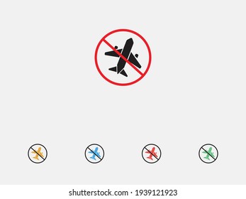No airplane vector icon. No flying. Forbidden Airplanes icon. Forbidden sign with airplane. Prohibit sign. Quarantine sign. Set of colorful flat design icons