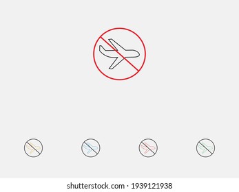 No airplane vector icon. No flying. Forbidden Airplanes icon. Forbidden sign with airplane. Prohibit sign. Quarantine sign. Set of colorful flat design icons