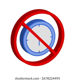 No hay despertador. Símbolo de plazo prohibido. Prohibición de tiempo de Vector. Signo de prohibición rojo. EPS 10.