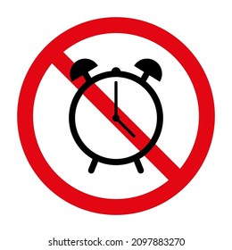 No alarm clock sign. Red circle. Forbidden icon. Isolated object. Simple flat style. Vector illustration. Stock image. 