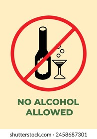 No alcohol allowed banner sign age illustration isolated on vertical ratio yellow background. Simple flat poster sign graphic design for prints drawing.
